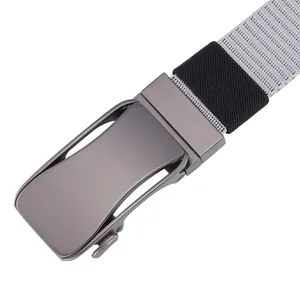 Detailed close-up of grey tactical nylon belt with gunmetal grey matte automatic buckle