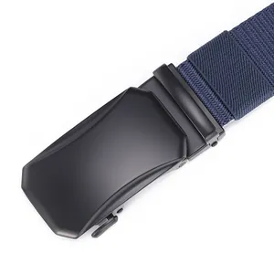Macro detail of matte black metal buckle and dark blue woven nylon tactical belt
