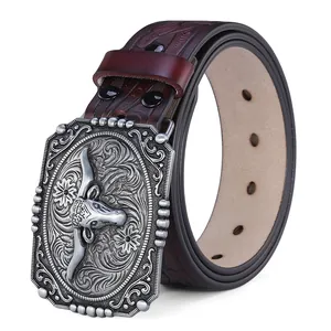 Western cowboy leather belt with vintage silver bull head embossed metal buckle