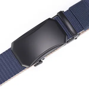 Detailed macro view of matte black zinc alloy buckle and blue braided nylon strap