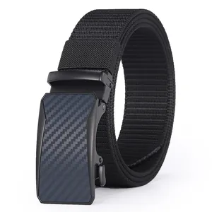 Tactical nylon web belt for men featuring a black carbon fiber textured automatic buckle