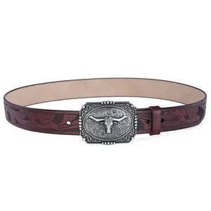 Western cowboy leather belt with embossed floral pattern and bull head metal buckle