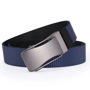 Detail of navy blue woven men's belt with a rotatable gunmetal automatic buckle