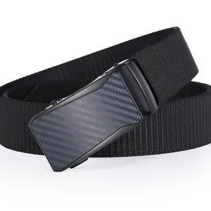 Detail of durable black nylon woven belt with carbon fiber texture automatic metal buckle