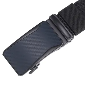 Macro shot of matte black metal automatic buckle with carbon fiber texture on nylon belt