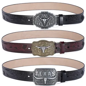 Western Cowboy Men Belt Vintage Embossed Split Cowhide Leather Waist Strap With Large Bull Head Metal Alloy Buckle Punk Style Jeans Accessory