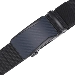Macro shot of men's tactical belt buckle with carbon fiber texture and nylon webbing