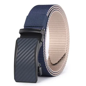 Men's automatic buckle navy nylon woven belt with carbon fiber texture and metal buckle