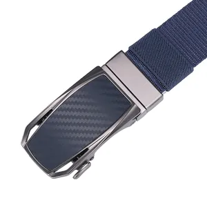 Close-up of men's navy blue woven belt with gunmetal automatic buckle and carbon fiber inlay