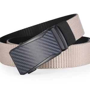 Detail of men's beige woven belt with black automatic buckle and carbon fiber texture