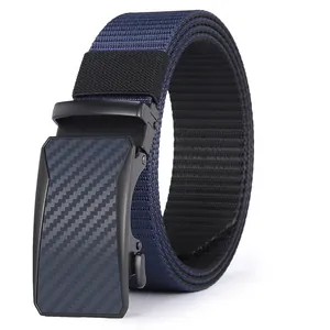 Detail of navy nylon tactical belt with carbon fiber texture automatic metal buckle