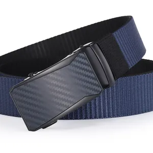 Macro shot of navy nylon woven belt featuring carbon fiber pattern automatic buckle