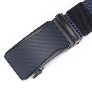 Close-up of men's blue nylon woven belt with black matte automatic carbon fiber buckle