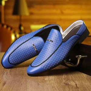 Blue leather men's mule with perforated patterns and golden metal buckle decoration