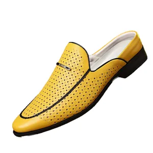 Breathable yellow hollowed-out leather mules for men with non-slip soft soles and metal buckle