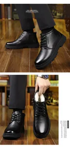 Bottes de neige noires en cuir pour hommes avec doublure laine et zip latéral