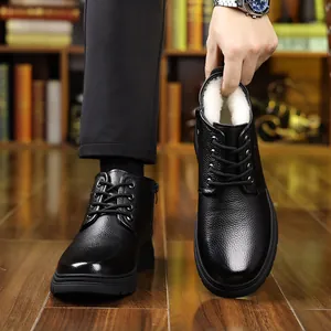 Bottes d'hiver en cuir pour hommes avec doublure en laine et fermeture éclair latérale