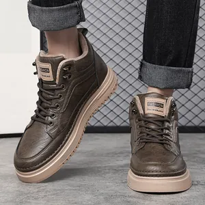 Men's high-top leather boots with warm fleece lining and thick rubber soles in brown