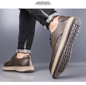 Detail view of brown pebbled leather men's casual shoes with thick anti-slip rubber soles