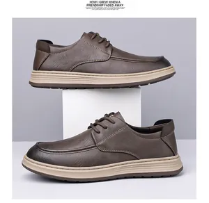 Detail showing high-quality dark brown leather texture and white non-slip thick sole of men's shoes