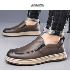 Side view of men's slip-on leather shoes in brown with thick rubber soles