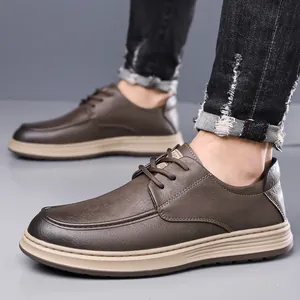 Men's dark brown slip-on leather shoes with textured upper and beige anti-slip soft soles