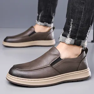 Men's casual slip-on leather shoes in brown with lychee texture and thick beige sole