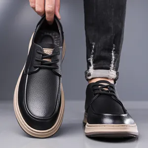 Men's black leather loafers with non-slip soft soles and textured litchi grain surface