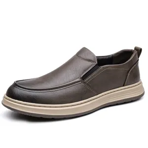 Men's slip-on brown leather loafers with soft non-slip thick soles in 45-degree view