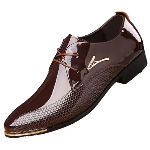 Dark brown patent leather men's dress shoes with hexagonal texture and gold detail