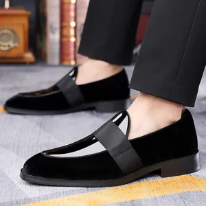 Men's formal black suede loafers with patent leather accents and elastic strap