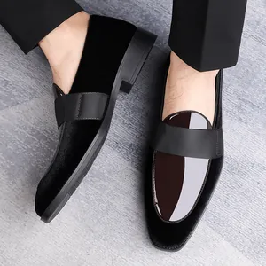 Men's suede loafers with patent leather accents and elastic strap in black and burgundy