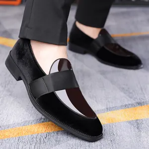 Men's formal loafers in black velvet and dark brown patent leather, slip-on style shoes
