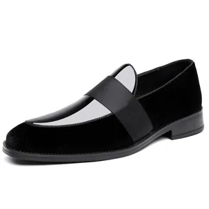 Men's stylish black velvet and patent leather loafers with sleek elastic strap detail