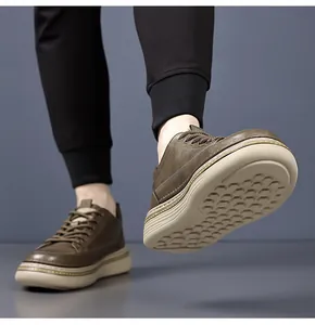 Detailed view of brown leather casual shoe with thick anti-slip rubber honeycomb sole