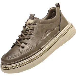 Dark brown leather sneakers for men with thick off-white soles and lace-up closure