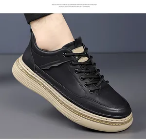 Close-up of black leather sneakers with thick lightweight EVA sole and non-slip texture