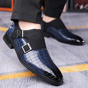 Blue crocodile pattern monk strap shoes with double buckles and pointed toe for men