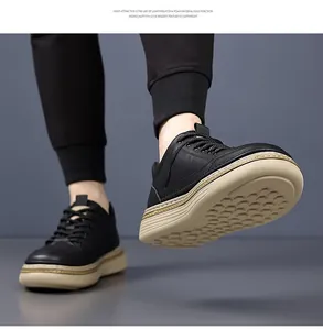 Detail of lightweight EVA sole with anti-slip texture on black leather casual sneakers
