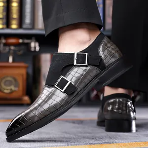Men's double monk strap shoes in grey crocodile texture and black suede leather