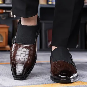 Men's formal monk shoes in brown crocodile leather with black suede texture details