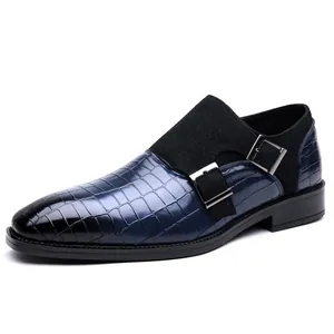 Men's blue crocodile embossed monk strap shoes with double metal buckles and gradient toe