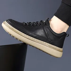 Men's black leather casual shoes with thick beige soles and stylish lace-up design