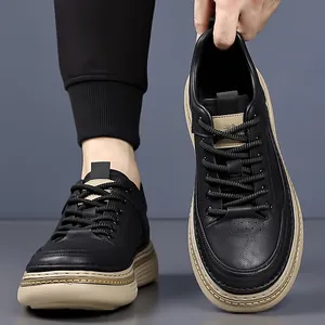 Men's low-top black leather casual shoes with beige thick non-slip soles