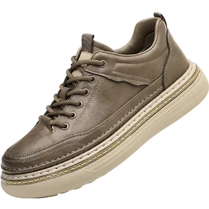 Men's dark brown leather casual shoes with thick white soles and natural lychee texture