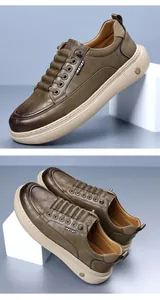 Detailansicht olivbrauner Leder-Sneaker mit rutschfester, dicker Gummisohle für Herren