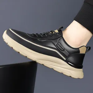 Men's casual leather chunky sneakers in black and khaki with a sporty thick sole