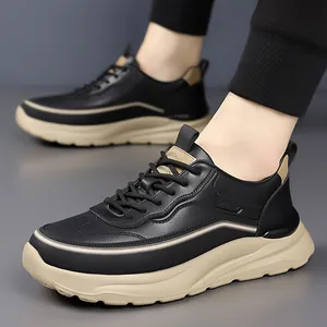 Men's low-top outdoor sneakers with black leather uppers and thick beige cushioned soles