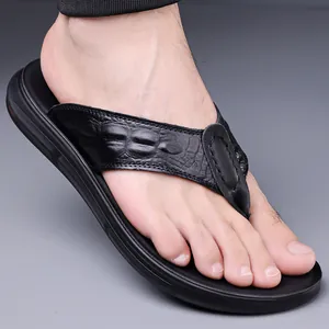 Men's summer black leather flip-flops with crocodile pattern and comfortable sole