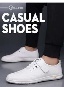 Détails de chaussures décontractées en cuir blanc avec velcro et coutures parallèles